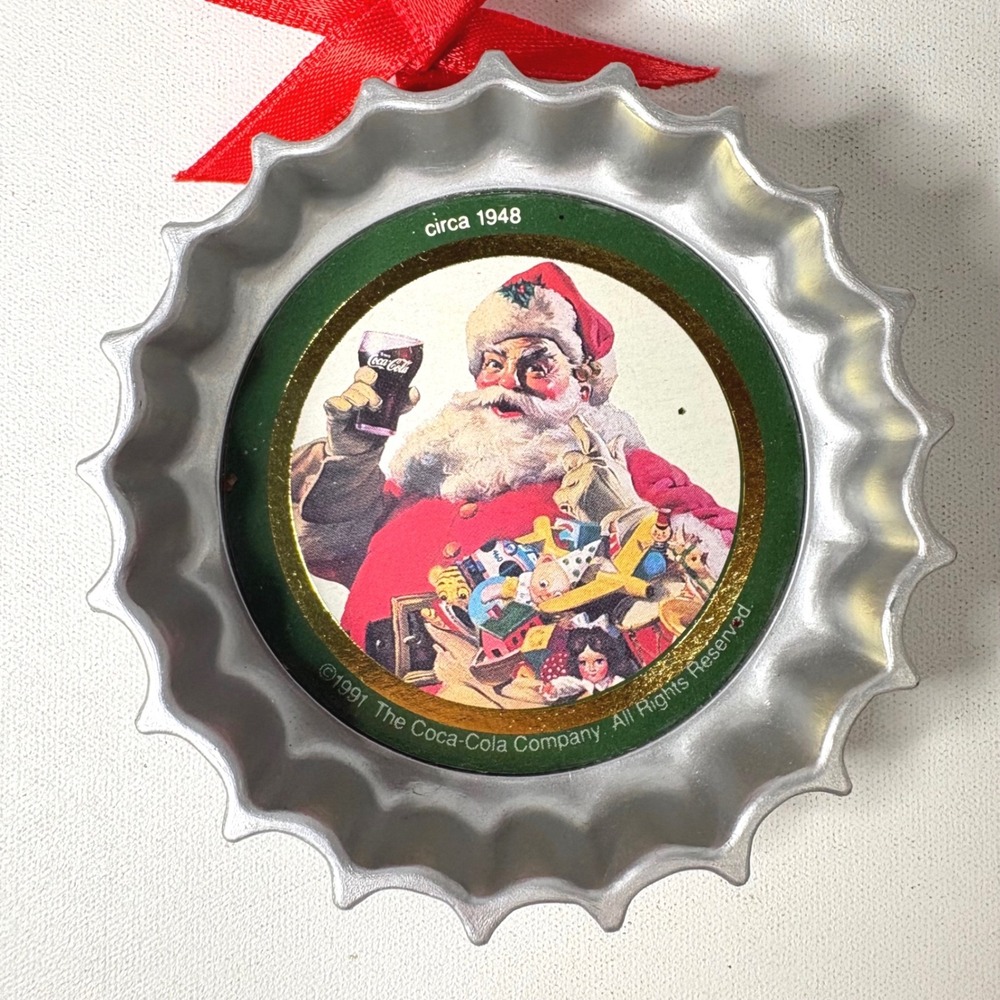 Vintage 1991 Coca-Cola Santa Bottle Cap Christmas Ornament 1948 Art Silver Red